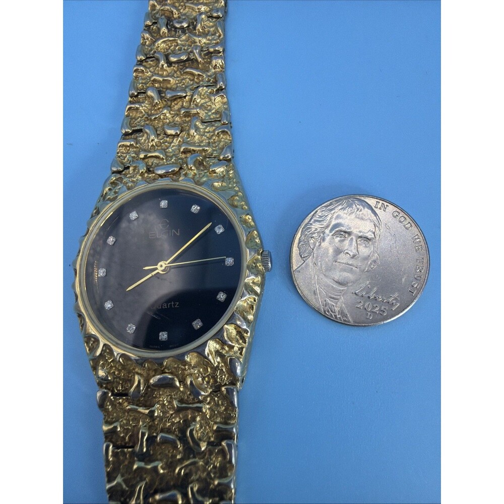 Vintage Black Dial Elgin 32mm Ladies Quartz Gold Nugget Watch As-Is Untested**